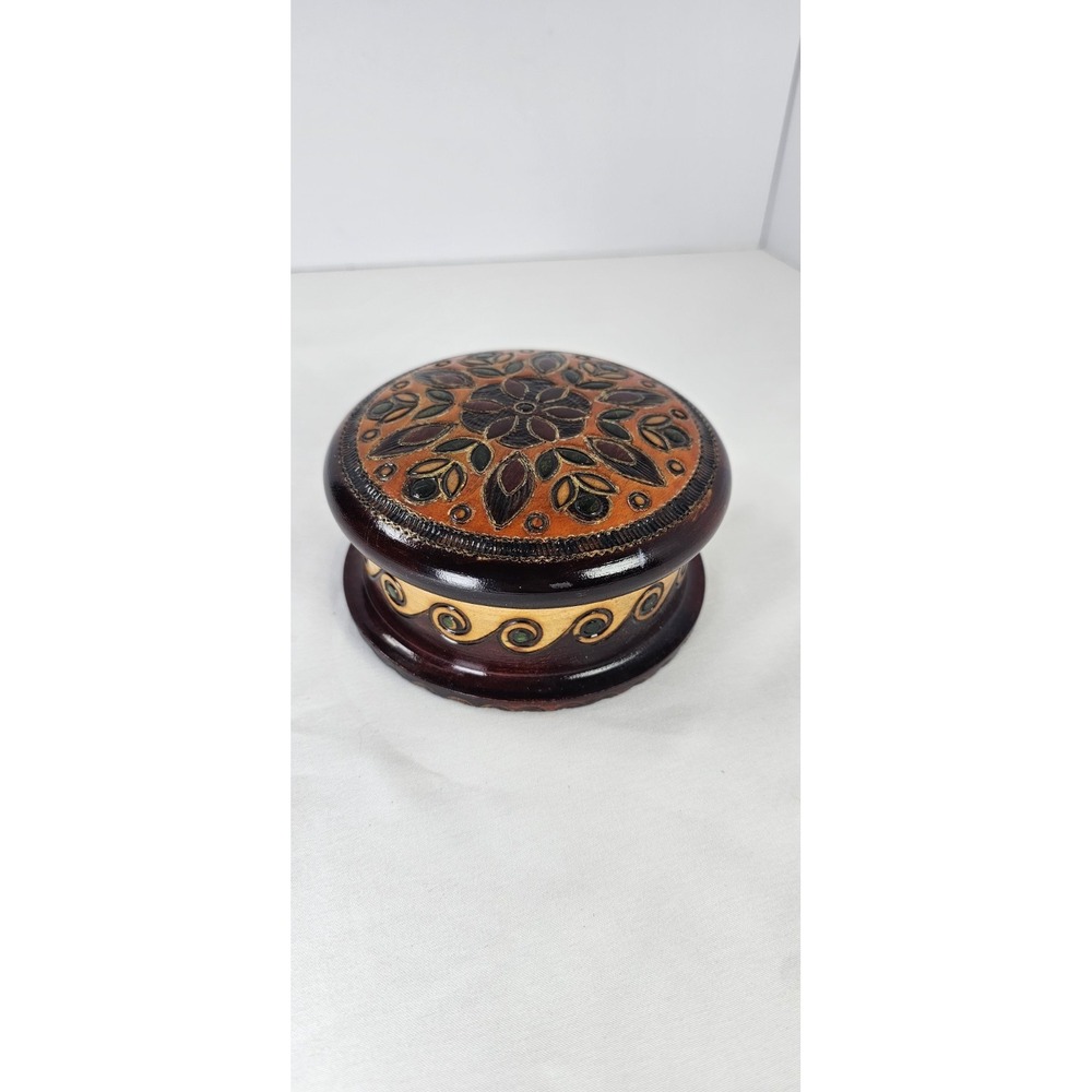 Hand‎ Made in Poland Carved Wooden Trinket Box Lidded Folk Art Floral